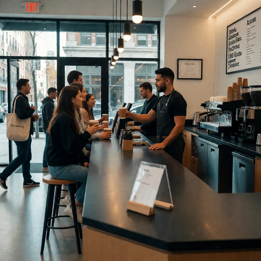 Barista entregando un café en un local moderno con clientes en la barra