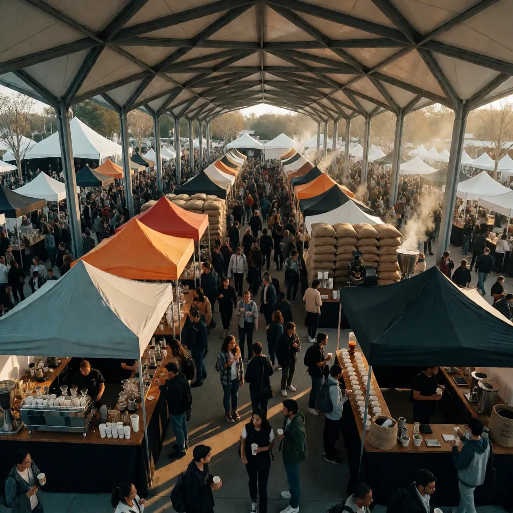 Feria de café bajo un techo de cuadrícula, con puestos y gente